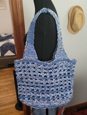 Hand Crocheted Blue Peek-a-Boo Market  Tote Bag